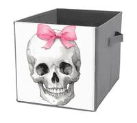 Jubonexis Cubi portaoggetti a forma di scheletro con nastro rosa sulla testa, pieghevoli, decorativi, in tessuto, per la casa, con manici, per scaffali, armadi, 27 x 27 cm