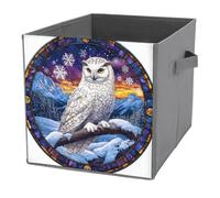 Jubonexis Cubi portaoggetti in vetro colorato bianco con gufo su ramo innevato, cubi portaoggetti pieghevoli decorativi in tessuto cestini portaoggetti per la casa con manici per scaffali, armadio, 27