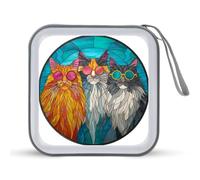 Jubonexis Custodia in vetro colorato con tre gatti che indossano occhiali da sole, custodia per CD e DVD, portatile, per auto, casa, viaggio