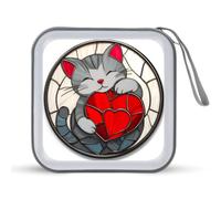 Jubonexis Custodia portatile per CD e DVD, in vetro colorato, motivo: gatto grigio, cuore rosso, per auto, casa, viaggio