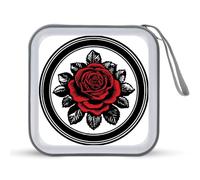 Jubonexis Custodia portatile per CD e DVD, motivo cerchio nero con rosa rossa, per auto, casa, viaggio