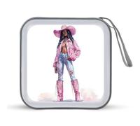 Jubonexis Custodia portatile per CD e DVD, motivo: cowgirl nera con stivali rosa, per auto, casa, viaggio