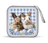 Jubonexis Custodia portatile per CD e DVD, motivo: due coniglietti e fiori, uovo di Pasqua, colore: blu e bianco
