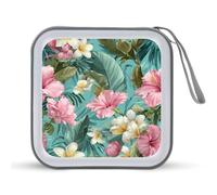 Jubonexis Custodia portatile per CD e DVD, motivo: fiori bianchi e rosa tropicali su turchese, per auto, casa, viaggio