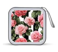 Jubonexis Custodia portatile per CD e DVD, motivo floreale vintage con rose rosa e strisce nere, per auto, casa e viaggio
