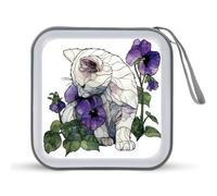 Jubonexis Custodia portatile per CD e DVD, motivo gatto bianco viola con fiori viola del pensiero