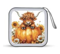 Jubonexis Custodia portatile per CD e DVD, motivo mucca delle Highland con zucca, fiori, per auto, casa, viaggio