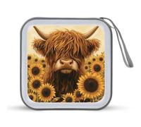 Jubonexis Custodia portatile per CD e DVD, motivo: mucca delle Highland in campo di girasoli, per auto, casa e viaggio