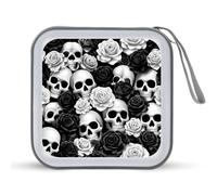 Jubonexis Custodia portatile per CD e DVD, motivo: teschi e rose, colore bianco e nero, per auto, casa, viaggio
