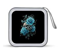 Jubonexis Custodia portatile per CD e DVD, motivo: teschio con rose blu, per auto, casa, viaggio