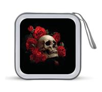 Jubonexis Custodia portatile per CD e DVD, motivo: teschio con rose rosse, per auto, casa, viaggio