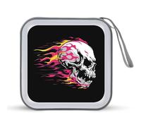 Jubonexis Custodia portatile per CD e DVD, motivo: teschio da corsa con fiamme rosa e gialle