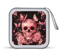 Jubonexis Custodia portatile per CD e DVD, motivo: teschio, farfalle e rose, per auto, casa, viaggio