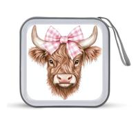 Jubonexis Custodia portatile per CD e DVD, motivo toro delle Highland con fiocco rosa, per auto, casa e viaggio