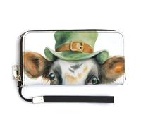 Jubonexis Divertente mucca che indossa San Patrizio cappello verde pochette in pelle PU lungo bifold portafoglio, portamonete porta carte di credito custodia durevole porta carte di credito per donne