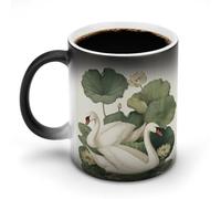 Jubonexis Due cigni che nuotano fiori di loto e giglio che cambiano colore, tazza da caffè in ceramica che cambia colore, divertente tazza da tè e acqua, 325 ml