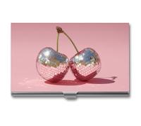 Jubonexis Due ciliegie con palline da discoteca su porta biglietti da visita, tasca sottile, in metallo, per donne e uomini