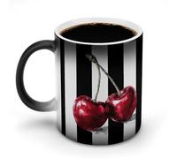 Jubonexis Due ciliegie su bianco e nero a righe cambia colore tazze che cambiano calore tazza in ceramica tazza da caffè novità divertente tazza da tè acqua 325 ml