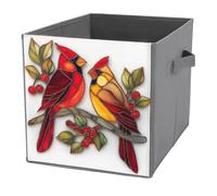 Jubonexis Due uccellini rossi su un ramo con bacche rosse cubi cubi portaoggetti pieghevoli decorativi in tessuto cestini portaoggetti per la casa con manici per scaffali, armadio, 27 x 27 cm