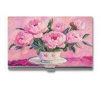 Jubonexis Elegante porta biglietti da visita con fiori di peonie rosa, tascabile, sottile, in metallo, per donne e uomini