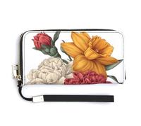 Jubonexis Elegante portafoglio a due ante in pelle PU con fiori calendula narcisi rosa garofano lunga pochette portamonete porta carte di credito porta soldi per donne uomini