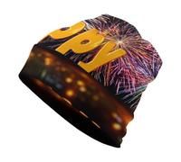 Jubonexis Felice Anno Nuovo Fuochi D'artificio Sopra la Città Adulti Cappello Pullover Berretto Morbido Confortevole Cappelli per Uomo Donna Bianco
