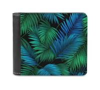 Jubonexis Foglie di palma in morbida pelle PU verde fluo blu, portafoglio bifold portamonete, porta carte di credito, portafoglio sottile resistente per uomini e donne