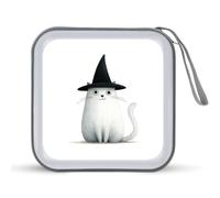 Jubonexis Gatto bianco che indossa cappello da strega nero custodia CD DVD custodia portatile per auto casa viaggio