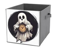 Jubonexis Ghost Holding A Clock Cube Storage Bins Cubi portaoggetti pieghevoli decorativi in tessuto cestini portaoggetti per la casa con manici per scaffali, armadio, 27 x 27 cm