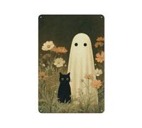 Jubonexis Ghost in Wildflowers Garden with Black Cat Tin Metal Signs Wall Art Decoration for Bar Pub Club Cafe Room Farmhouse White 30 x 20 cm