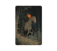 Jubonexis Ghostly Horse with Pumpkin Head Dark Forest Tin Metal Signs Wall Art Decoration for Bar Pub Club Cafe Room Farmhouse White 30 x 20 cm