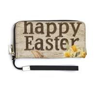 Jubonexis Happy Easter Bunny Eggs Daffodils on Wood PU Leather Clutch Long Bifold Portafoglio, Portamonete Porta Credito Portamonete Durevole Porta Carte di Denaro per Donne Uomini
