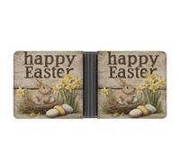 Jubonexis Happy Easter Bunny Eggs Daffodils on Wood Soft PU Leather Bifold Portafoglio, Portamonete Porta Credito Pass Custodia, Durevole Porta Carte Sottile Billfold per Uomini Donne Conservazione