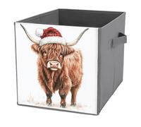Jubonexis Highland Cow con cappello di Natale, cubi portaoggetti cubici pieghevoli decorativi in tessuto cestini portaoggetti per la casa con manici per scaffali, armadio, 27 x 27 cm