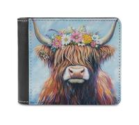 Jubonexis Highland Cow Crown of Colorful Flowers Soft PU Leather Bifold Portafoglio, Portamonete Porta Credito Pass Custodia, Durevole Porta Carte Sottile Billfold per Uomini Donna Conservazione Soldi
