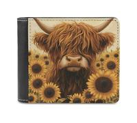 Jubonexis Highland Cow, portafoglio a due ante in morbida pelle ecologica in poliuretano con motivo di mucca in campo di girasoli, portamonete, porta carte di credito, sottile, per uomini e donne