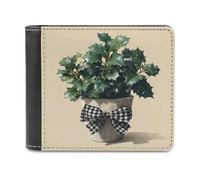 Jubonexis Holly Leaves Flowerpot Checkered Bow Vintage Soft PU Leather Bifold Portafoglio, Portamonete Porta Credito Pass Custodia, Durevole Porta Carte Sottile Billfold per Uomini Donne Conservazione
