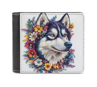Jubonexis Husky Dog con fiori vivaci in morbida pelle ecologica in poliuretano, portamonete, porta carte di credito, porta carte di credito sottile, per uomini e donne