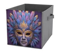 Jubonexis Maschera di Carnevale con piume oro e blu, cubi portaoggetti cubici pieghevoli decorativi in tessuto cestini portaoggetti per la casa con manici per scaffali, armadio, 27 x 27 cm
