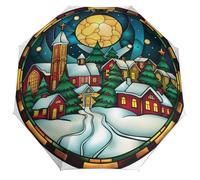 Jubonexis Ombrello pieghevole in vetro colorato, accogliente villaggio invernale di notte, ombrello pieghevole a 3 pieghe, antivento, da viaggio, resistente e leggero, per esterni, sole e pioggia