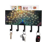 Jubonexis Pavone che mostra le sue piume di coda iridescenti, supporto da parete con 5 ganci portachiavi in acrilico per casa ufficio ingresso