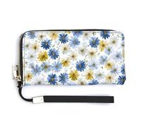 Jubonexis Piccola pochette in pelle PU con margherite blu, bianche e gialle, portafoglio lungo, portamonete, porta carte di credito, porta carte di credito per donne e uomini