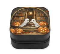 Jubonexis Piccola scatola di gioielli circolare biblioteca Halloween fantasmi zucca portatile in pelle PU mini display scatole porta gioielli da viaggio per donne