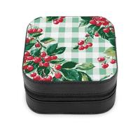 Jubonexis Piccola scatola di gioielli con bacche rosse e foglie verdi su scacchiera portatile in pelle PU mini display scatole porta gioielli da viaggio per le donne