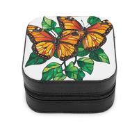 Jubonexis Piccola scatola di gioielli in vetro colorato due farfalle foglie verdi portatile in pelle PU mini display scatole porta gioielli da viaggio per donne