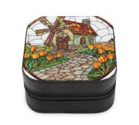 Jubonexis Piccola scatola di gioielli in vetro colorato pittoresco mulino a vento cottage portatile in pelle PU mini display scatole porta gioielli da viaggio per donne