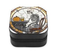 Jubonexis Piccola scatola di gioielli in vetro colorato tavolo scheletro zucca birra portatile in pelle PU mini display scatole porta gioielli da viaggio per donne