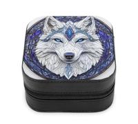 Jubonexis Piccola scatola di gioielli in vetro colorato testa di lupo bianco portatile in pelle PU mini display scatole porta gioielli da viaggio per donne