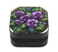 Jubonexis Piccola scatola di gioielli in vetro colorato viola viole del pensiero portatile in pelle PU mini display scatole porta gioielli da viaggio per le donne