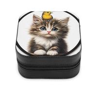 Jubonexis Piccolo portagioie a forma di gattino con uccellino giallo sulla testa, portatile, in pelle PU, mini espositore, da viaggio, per donne